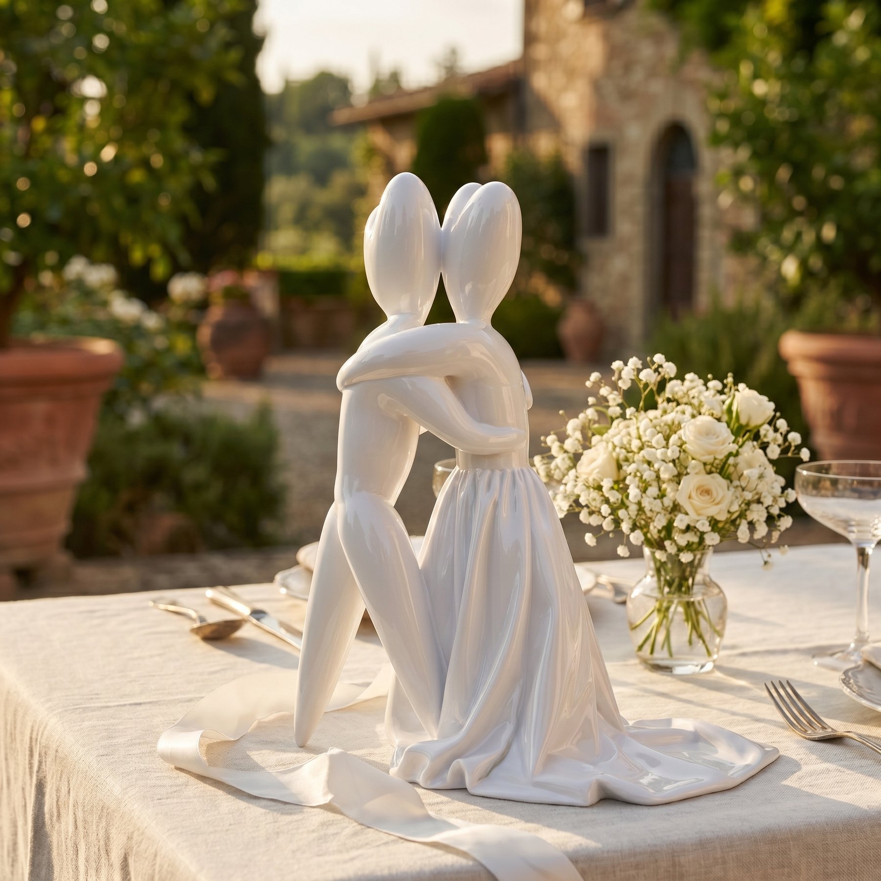 Allestimento da tavolo con nastro di seta e bouquet di gypsophila